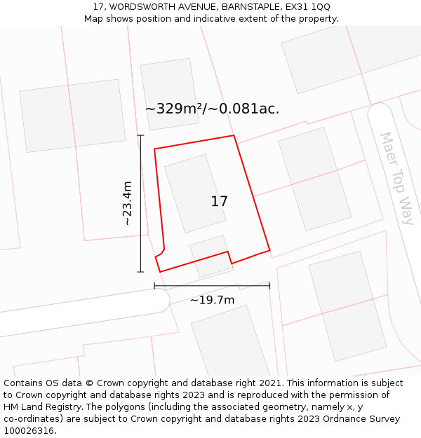 17, WORDSWORTH AVENUE, BARNSTAPLE, EX31 1QQ: Plot and title map