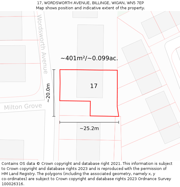 17, WORDSWORTH AVENUE, BILLINGE, WIGAN, WN5 7EP: Plot and title map