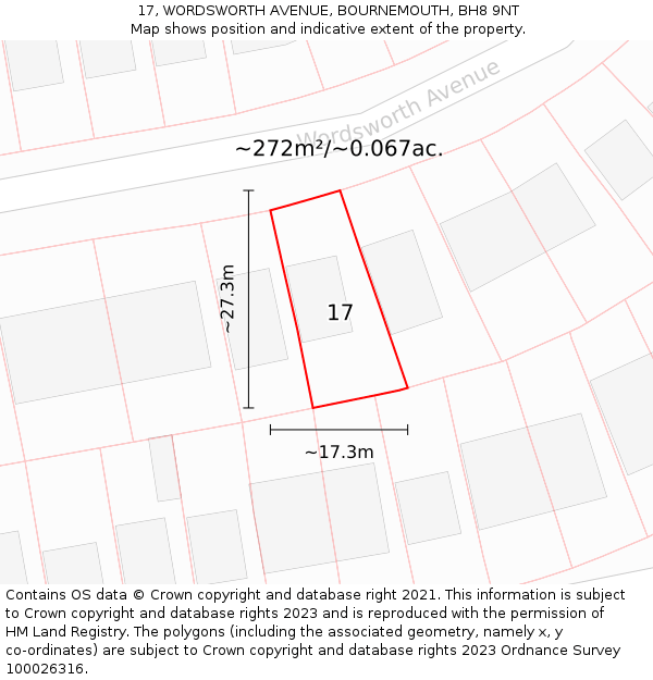 17, WORDSWORTH AVENUE, BOURNEMOUTH, BH8 9NT: Plot and title map