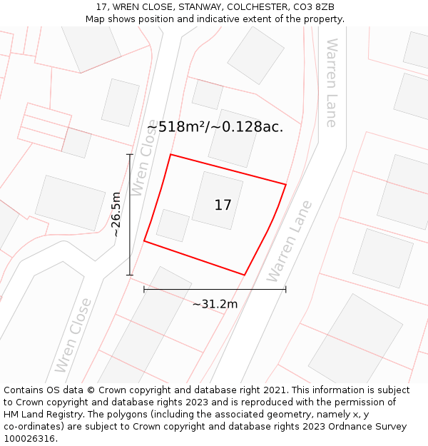17, WREN CLOSE, STANWAY, COLCHESTER, CO3 8ZB: Plot and title map