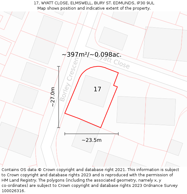 17, WYATT CLOSE, ELMSWELL, BURY ST. EDMUNDS, IP30 9UL: Plot and title map
