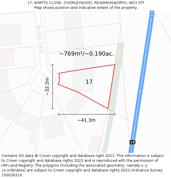 17, WYATTS CLOSE, CHORLEYWOOD, RICKMANSWORTH, WD3 5TF: Plot and title map