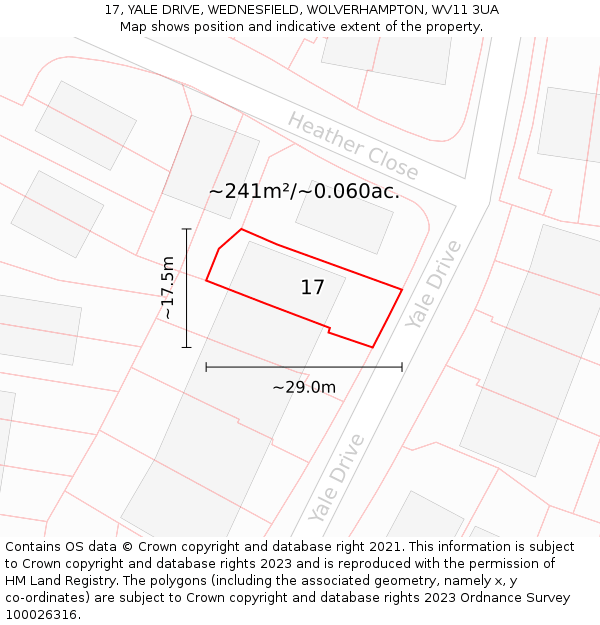 17, YALE DRIVE, WEDNESFIELD, WOLVERHAMPTON, WV11 3UA: Plot and title map