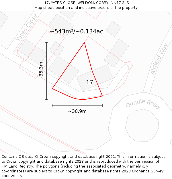 17, YATES CLOSE, WELDON, CORBY, NN17 3LS: Plot and title map