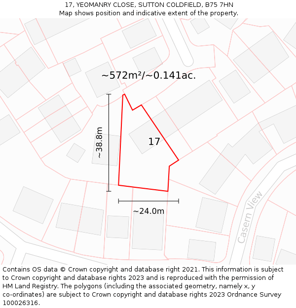 17, YEOMANRY CLOSE, SUTTON COLDFIELD, B75 7HN: Plot and title map