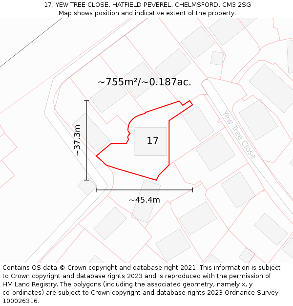 17, YEW TREE CLOSE, HATFIELD PEVEREL, CHELMSFORD, CM3 2SG: Plot and title map