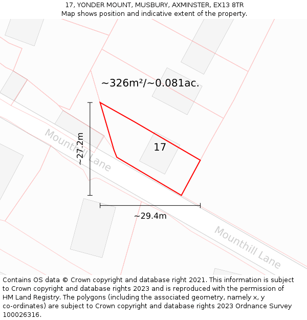17, YONDER MOUNT, MUSBURY, AXMINSTER, EX13 8TR: Plot and title map
