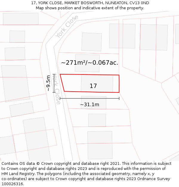 17, YORK CLOSE, MARKET BOSWORTH, NUNEATON, CV13 0ND: Plot and title map