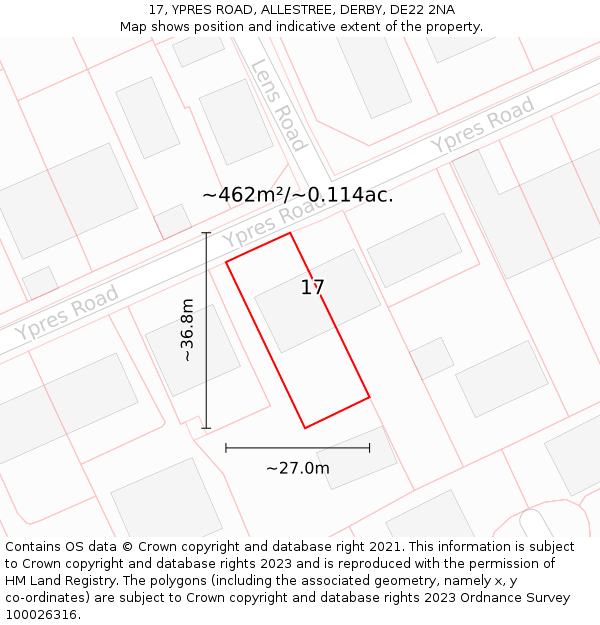 17, YPRES ROAD, ALLESTREE, DERBY, DE22 2NA: Plot and title map