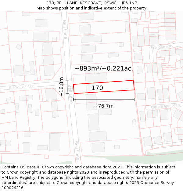 170, BELL LANE, KESGRAVE, IPSWICH, IP5 1NB: Plot and title map