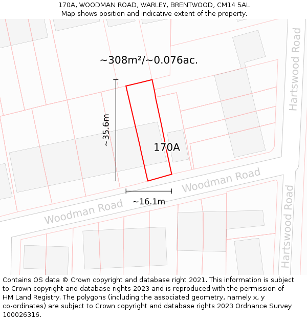 170A, WOODMAN ROAD, WARLEY, BRENTWOOD, CM14 5AL: Plot and title map