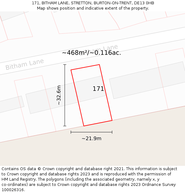 171, BITHAM LANE, STRETTON, BURTON-ON-TRENT, DE13 0HB: Plot and title map