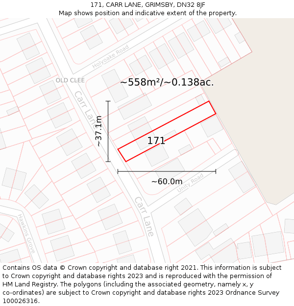 171, CARR LANE, GRIMSBY, DN32 8JF: Plot and title map