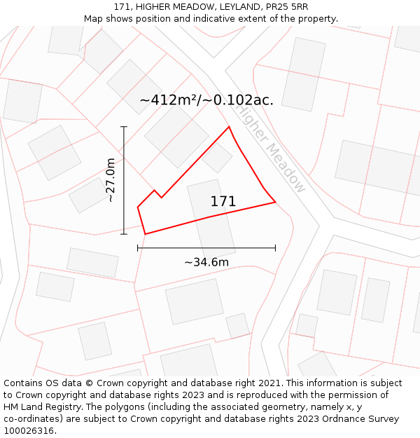171, HIGHER MEADOW, LEYLAND, PR25 5RR: Plot and title map