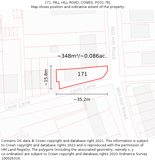 171, MILL HILL ROAD, COWES, PO31 7EL: Plot and title map