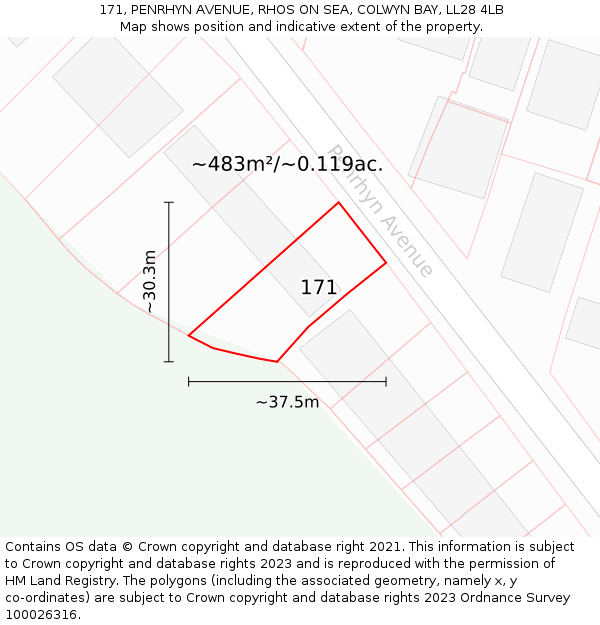 171, PENRHYN AVENUE, RHOS ON SEA, COLWYN BAY, LL28 4LB: Plot and title map