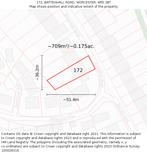 172, BATTENHALL ROAD, WORCESTER, WR5 2BT: Plot and title map