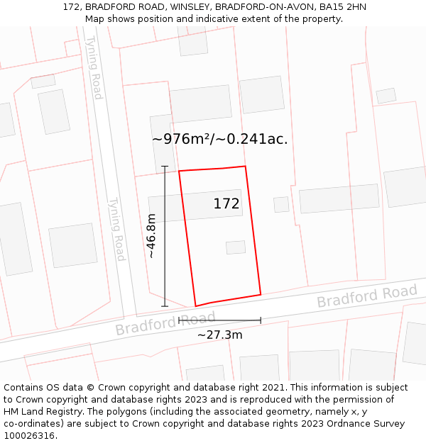 172, BRADFORD ROAD, WINSLEY, BRADFORD-ON-AVON, BA15 2HN: Plot and title map
