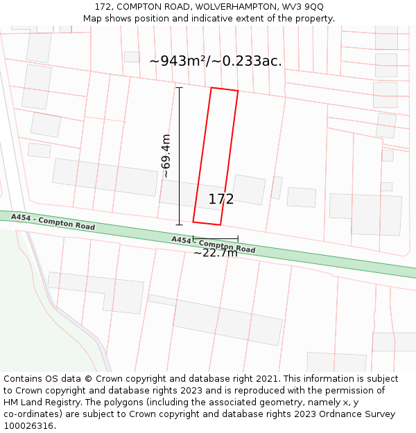 172, COMPTON ROAD, WOLVERHAMPTON, WV3 9QQ: Plot and title map