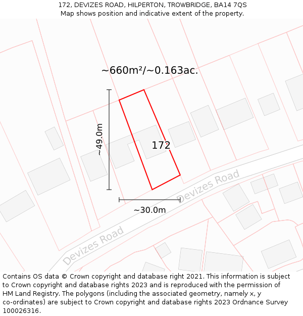 172, DEVIZES ROAD, HILPERTON, TROWBRIDGE, BA14 7QS: Plot and title map