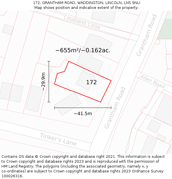 172, GRANTHAM ROAD, WADDINGTON, LINCOLN, LN5 9NU: Plot and title map