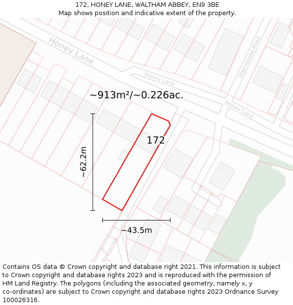 172, HONEY LANE, WALTHAM ABBEY, EN9 3BE: Plot and title map