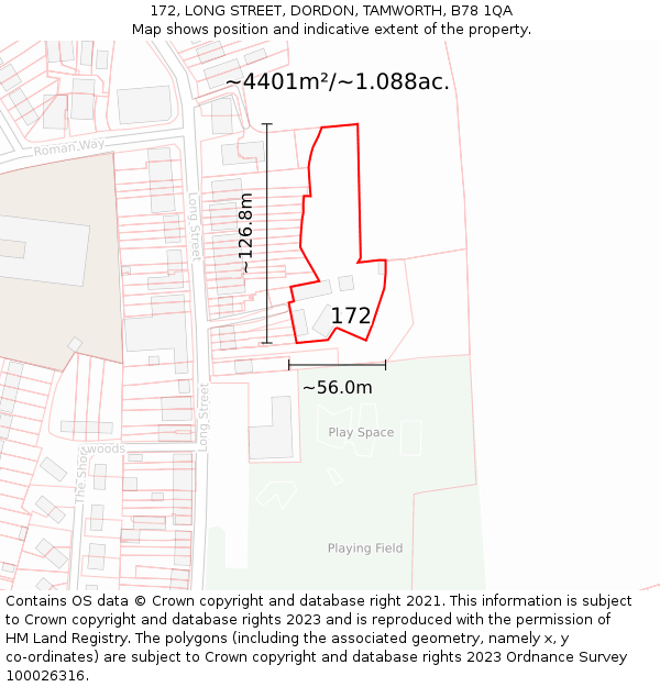 172, LONG STREET, DORDON, TAMWORTH, B78 1QA: Plot and title map