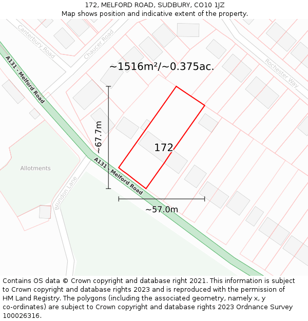 172, MELFORD ROAD, SUDBURY, CO10 1JZ: Plot and title map