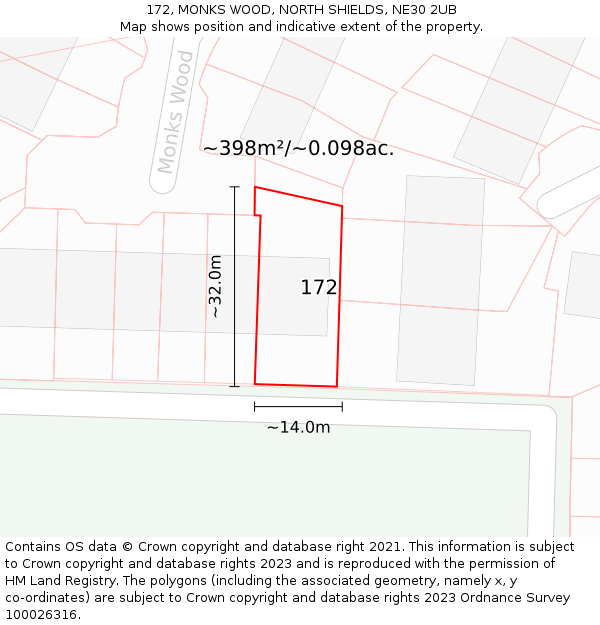 172, MONKS WOOD, NORTH SHIELDS, NE30 2UB: Plot and title map