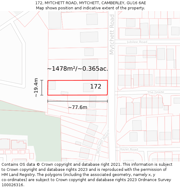 172, MYTCHETT ROAD, MYTCHETT, CAMBERLEY, GU16 6AE: Plot and title map