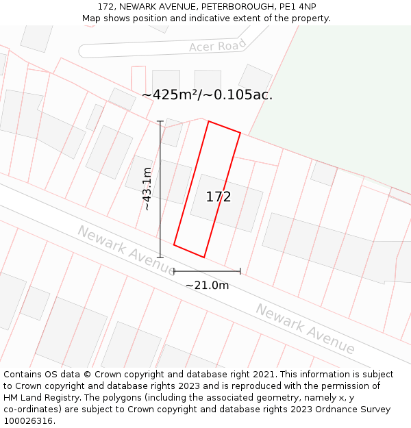 172, NEWARK AVENUE, PETERBOROUGH, PE1 4NP: Plot and title map