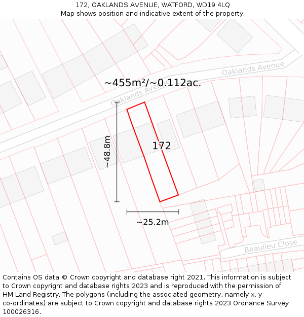 172, OAKLANDS AVENUE, WATFORD, WD19 4LQ: Plot and title map