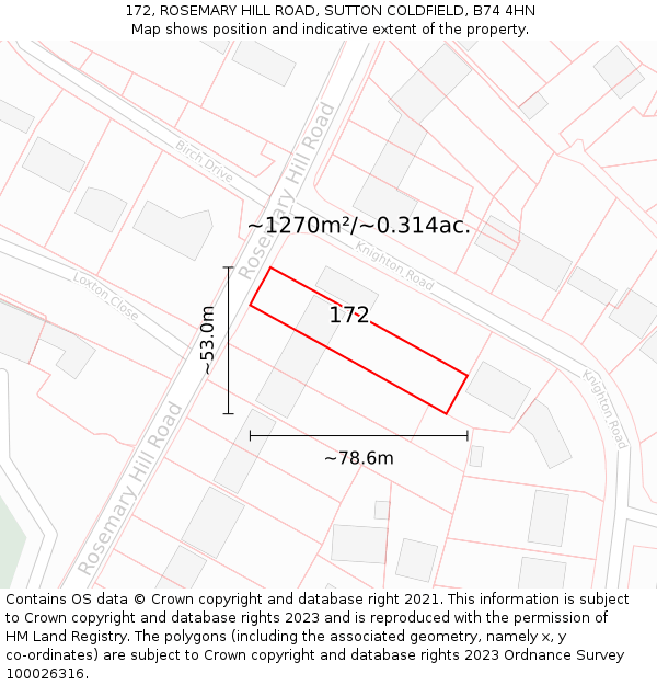 172, ROSEMARY HILL ROAD, SUTTON COLDFIELD, B74 4HN: Plot and title map