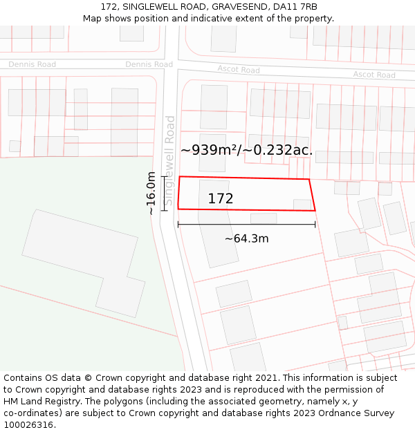 172, SINGLEWELL ROAD, GRAVESEND, DA11 7RB: Plot and title map