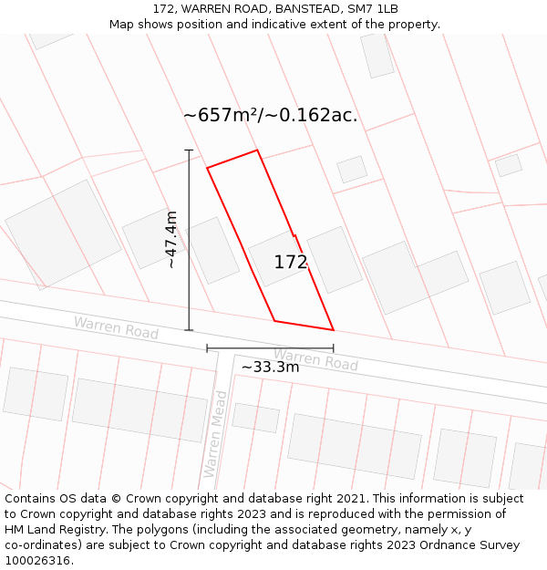 172, WARREN ROAD, BANSTEAD, SM7 1LB: Plot and title map