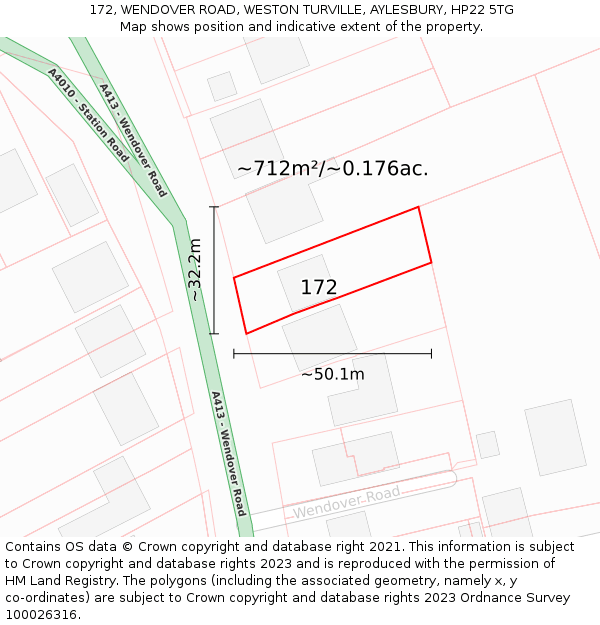 172, WENDOVER ROAD, WESTON TURVILLE, AYLESBURY, HP22 5TG: Plot and title map