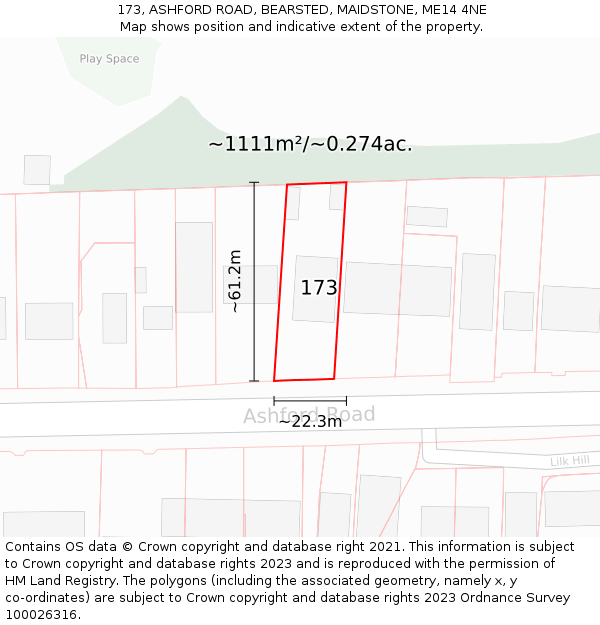 173, ASHFORD ROAD, BEARSTED, MAIDSTONE, ME14 4NE: Plot and title map