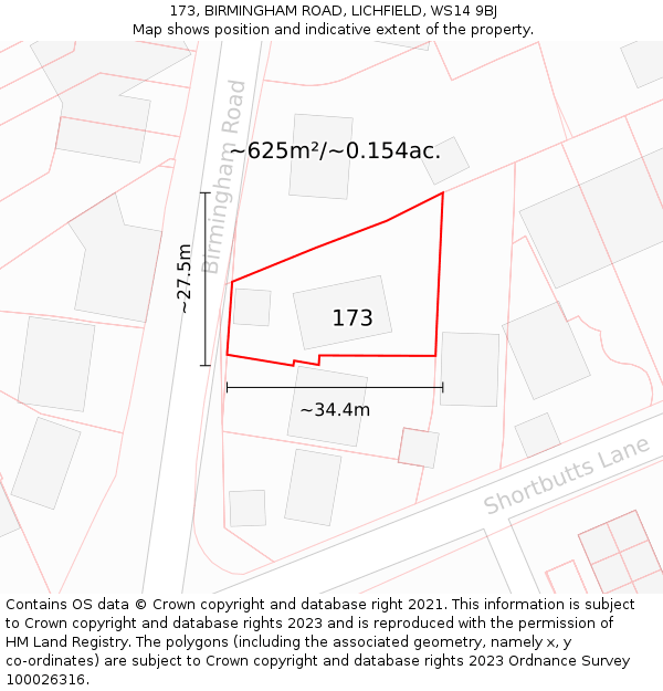 173, BIRMINGHAM ROAD, LICHFIELD, WS14 9BJ: Plot and title map