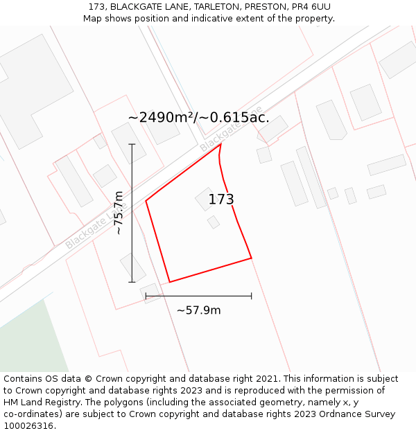 173, BLACKGATE LANE, TARLETON, PRESTON, PR4 6UU: Plot and title map