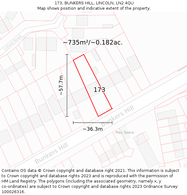 173, BUNKERS HILL, LINCOLN, LN2 4QU: Plot and title map