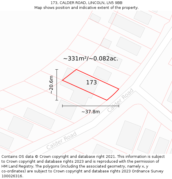 173, CALDER ROAD, LINCOLN, LN5 9BB: Plot and title map