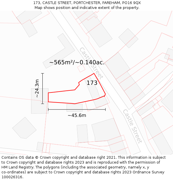 173, CASTLE STREET, PORTCHESTER, FAREHAM, PO16 9QX: Plot and title map
