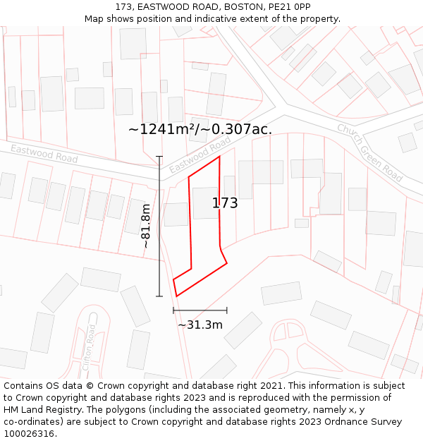 173, EASTWOOD ROAD, BOSTON, PE21 0PP: Plot and title map