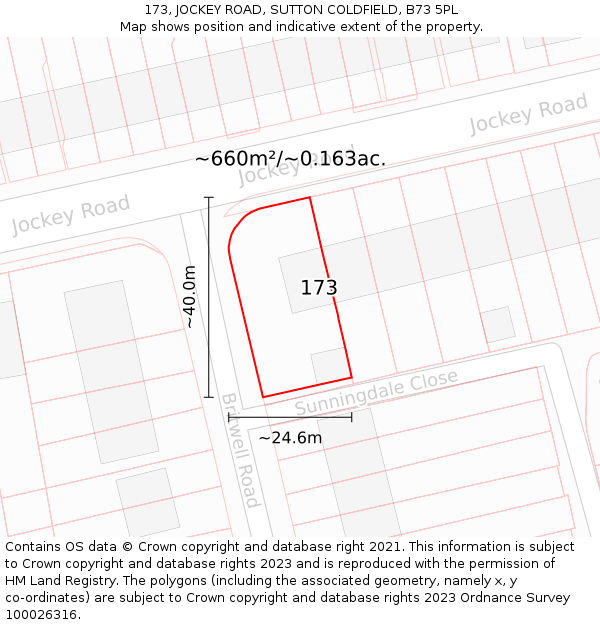 173, JOCKEY ROAD, SUTTON COLDFIELD, B73 5PL: Plot and title map
