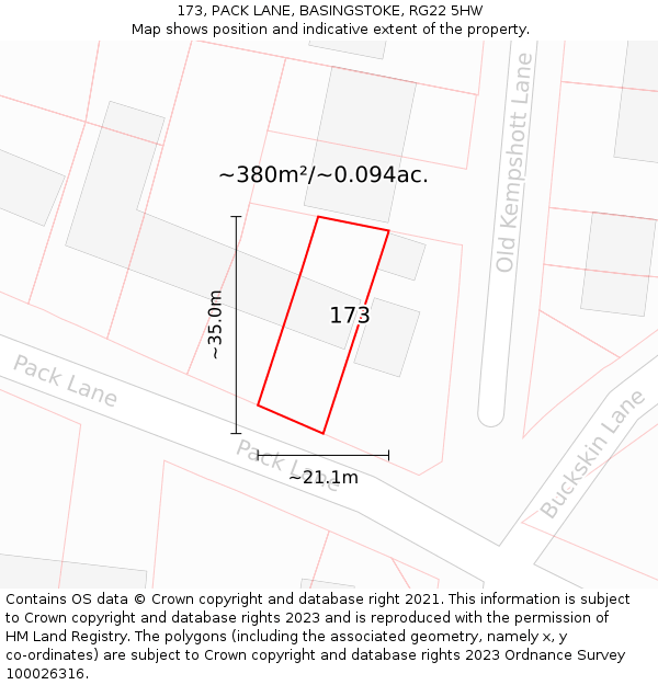 173, PACK LANE, BASINGSTOKE, RG22 5HW: Plot and title map