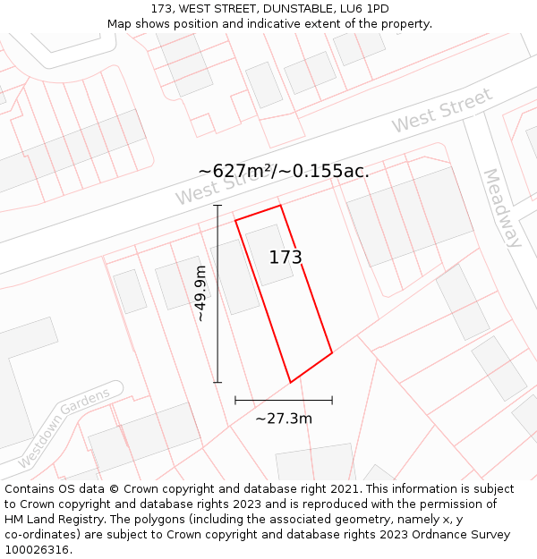 173, WEST STREET, DUNSTABLE, LU6 1PD: Plot and title map