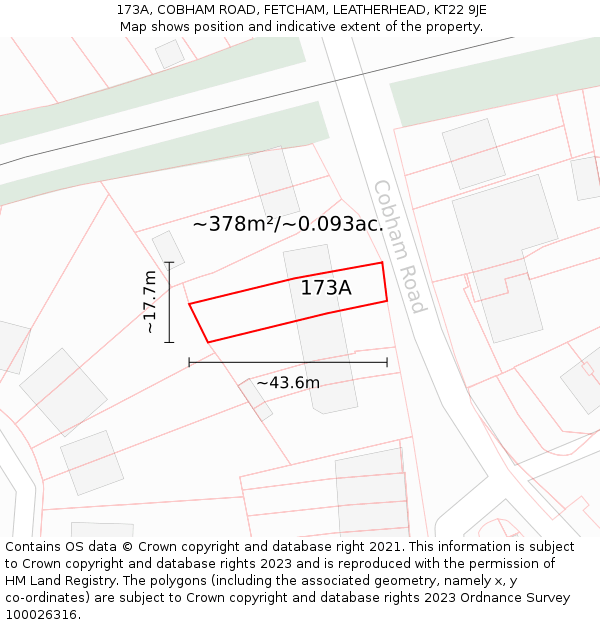 173A, COBHAM ROAD, FETCHAM, LEATHERHEAD, KT22 9JE: Plot and title map