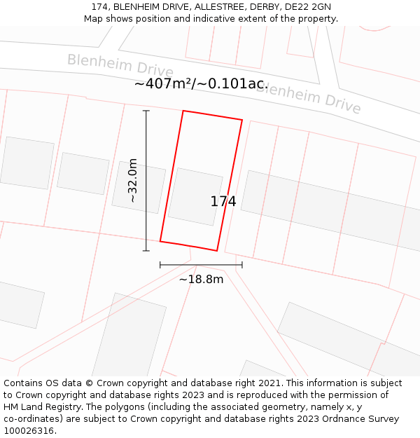174, BLENHEIM DRIVE, ALLESTREE, DERBY, DE22 2GN: Plot and title map