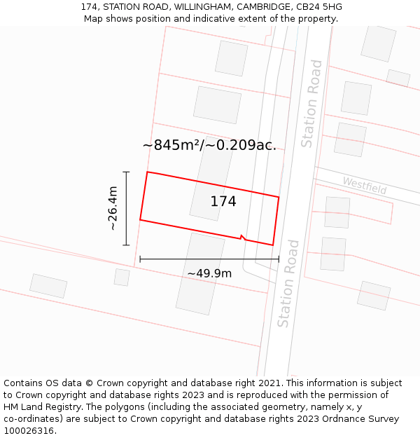 174, STATION ROAD, WILLINGHAM, CAMBRIDGE, CB24 5HG: Plot and title map