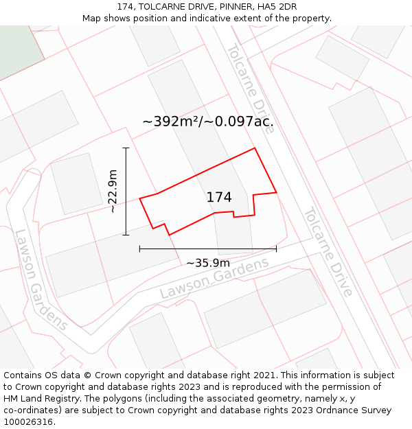 174, TOLCARNE DRIVE, PINNER, HA5 2DR: Plot and title map